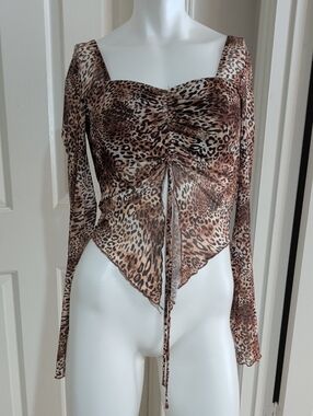 Mixed Threads LA Brown Leopard Ruched Tie-Front Long Sleeve Crop Top Women's M